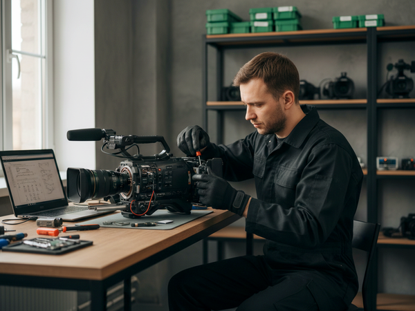 Foto mit KI generiert Mann repariert Filmkamera im RepairCenter